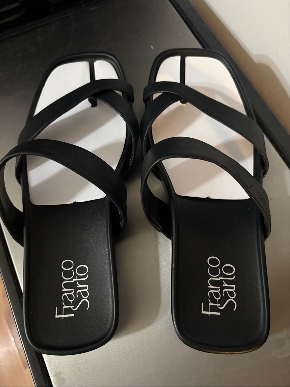 Franco Sarto Matte Black Cross-Strap Square Toe Sandals